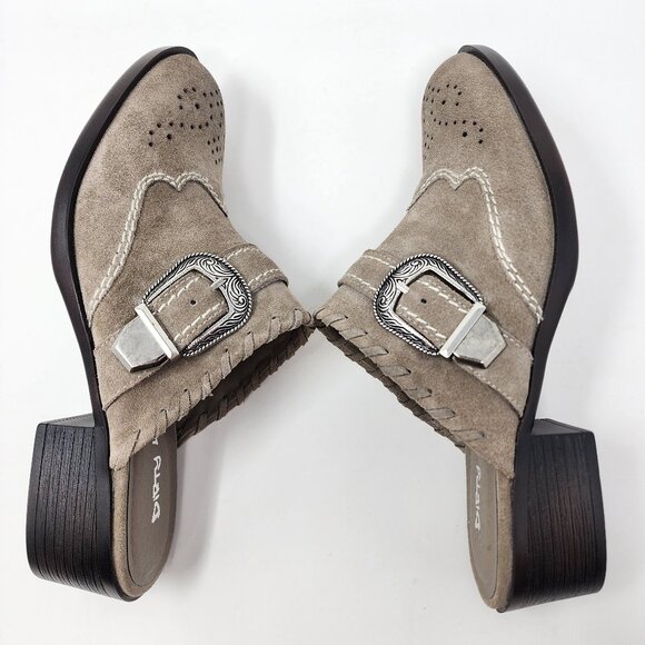 New Dirty Laundry Womens 9.5 Waltz Gray Taupe Suede Slip On Mules Western Buckle - Picture 2 of 15